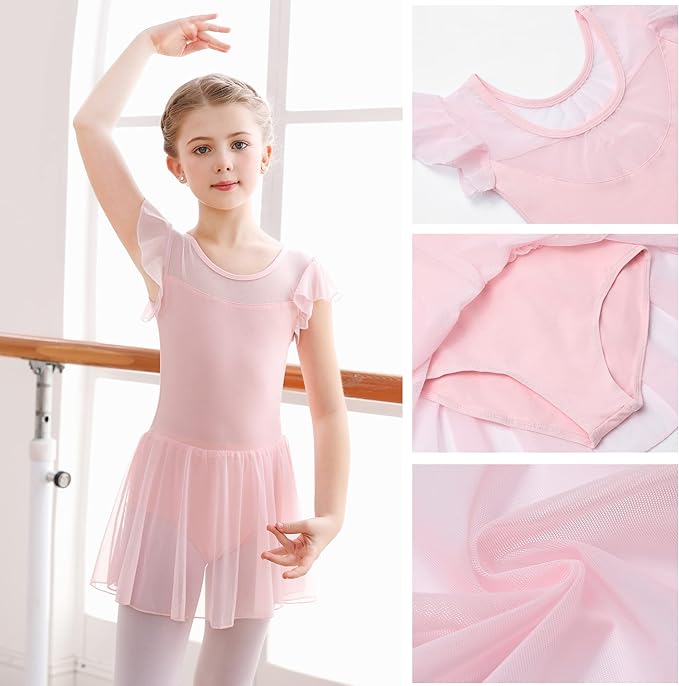 Aiseyi Ballet Dress for Girls Short Ruffled Sleeve Ballet Leotard Kids Cotton Ballet Outfit Dance Leotards with Mesh Skirt 3-4 Years Pink