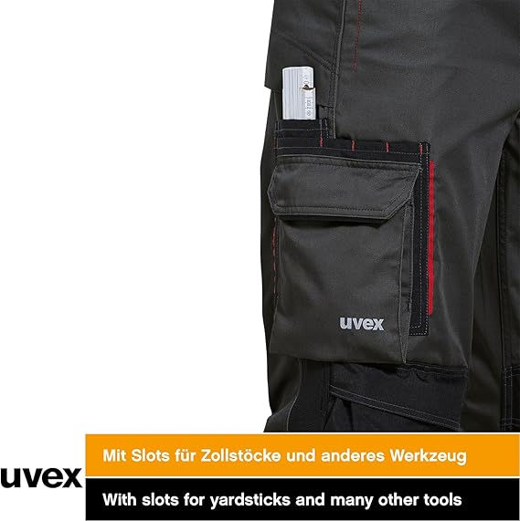 uvex Tune-up Men's Long Work Trousers - Robust Men's Work Trousers with Knee pad Pockets - 35% Cotton - Black/red - 44