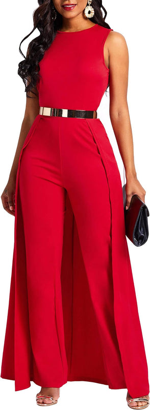 VERWIN Patchwork Overlay Embellished Plain Women's Jumpsuit High-Waist Woman Romper (X-Large, Red)