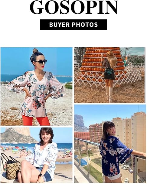 GOSOPIN Womens Floral Printed Blouses V-Neck Summer Casual 3/4 Sleeves Shirt Tops White UK 10