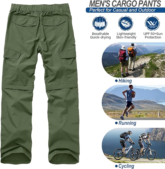 Jessie Kidden Hiking Walking Trousers Men,Quick Dry Convertible Lightweight Breathable Waterproof Outdoor Fishing Work Zip Off Cargo Pants #6088-Army green-34