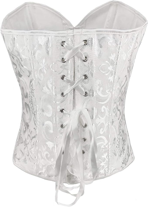 RHISLEO Women Classic Lace-up Floral Burlesque Basque Bustier Shaper Overbust Boned Corset Top (White Floral Top, M