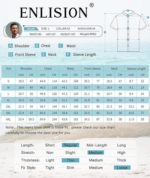 Enlision Mens White Linen Shirts Short Sleeve Grandad Collar Shirt for Men Summer Casual Collarless Henley Top Button Down for Wedding Beach Holiday L