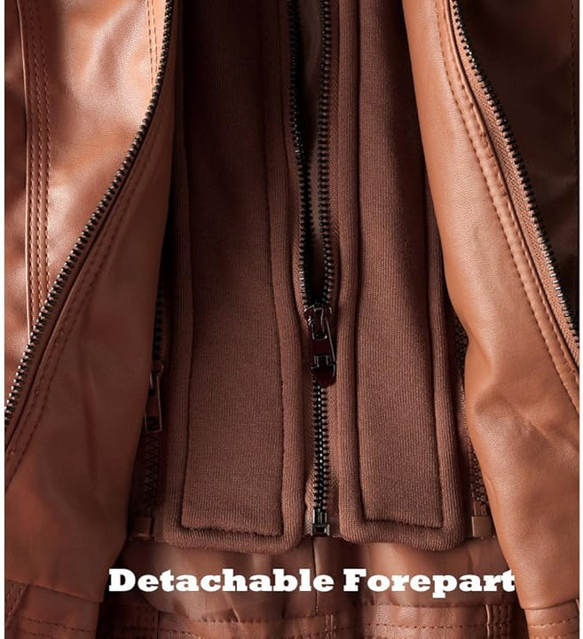 Newbestyle Faux Leather Jacket for Women Hooded Moto Biker Jacket Full-zip Long Sleeve Outwear Tops Brown XL