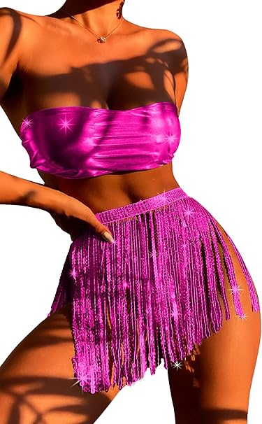 Rave Outfits for Women 3 Piece Bikini Set Tassels Skirt Metallic Swimsuit Holographic Bandeau Top Bathing Suits for Festival(Rose,XS,1005w)