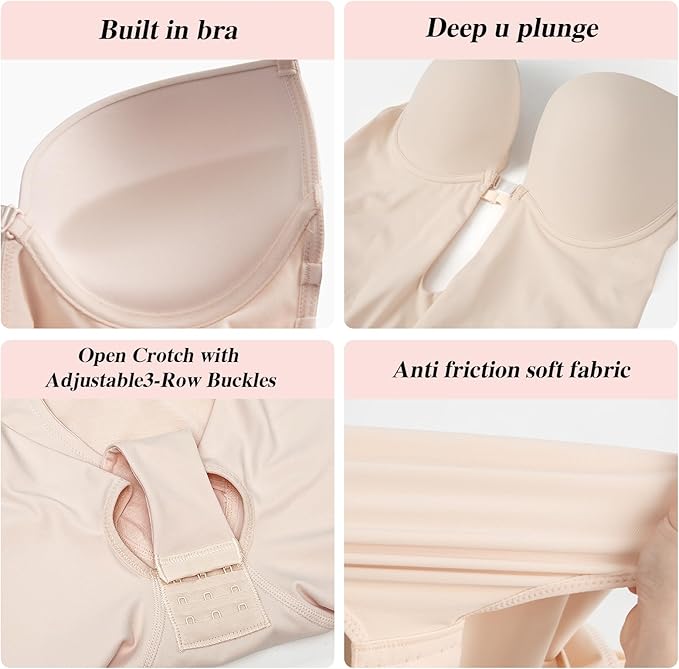 Slimers Women Backless Shapewear Bodysuit Tummy Control Full Body Shaper Low Back V Neck Shaping Bodysuit With Built In Bra, Beige, Small