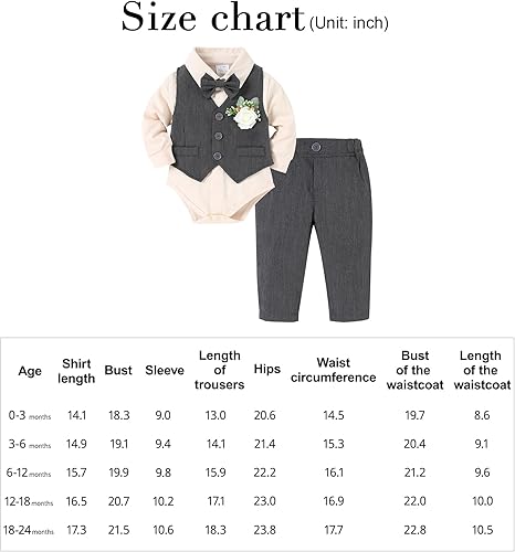 SOLOYEE Baby Boys Formal Suit, Infant Gentleman Wedding Outfit Newborn Bodysuit + Pants + Waistcoat + Bow Tie + Corsage Christening Clothes 5Pcs Set (Grey, 6-12 Months)