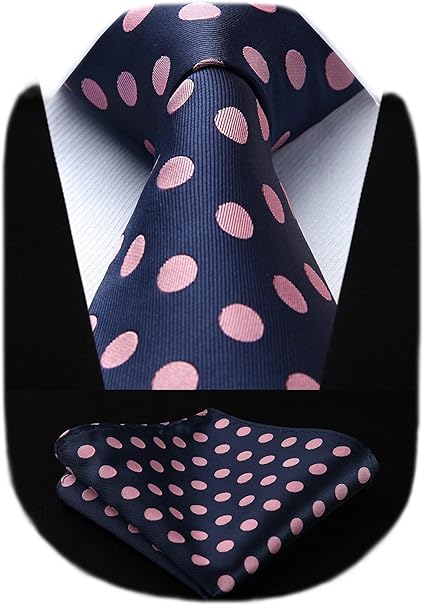 HISDERN Extra Long Polka Dots Tie Handkerchief Men's Necktie & Pocket Square Set , XL, 63 inches length, Pink / Navy Blue
