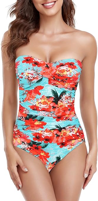 RELLECIGA Women's Tummy Control Swimwear Strapless One Piece Swimsuit for Women, Blue Floral, Medium