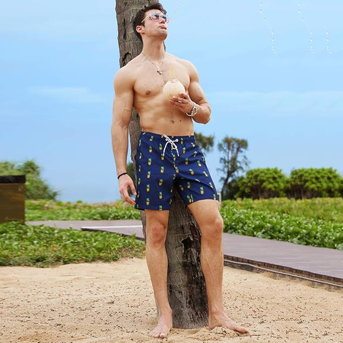 MaaMgic Mens Quick Dry Pineapple Swim Trunks with Mesh Lining Swimwear Bathing Suits, Navy Blue1, XX-Large ( Waist:37 inch-39 inch )