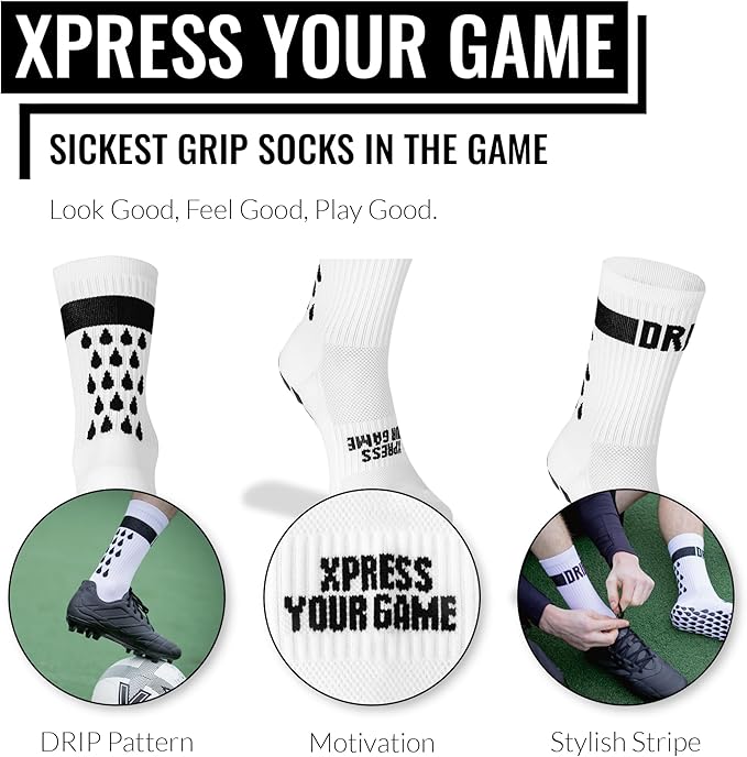 DRIPsox® Football Grip Socks Kids, Junior, Women & Men - 1 Pair White Grip Socks Football (L) - Anti Slip DripGrip Design