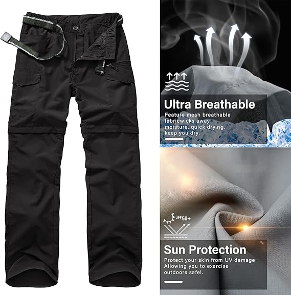 Jessie Kidden Hiking Walking Trousers Men,Quick Dry Convertible Lightweight Breathable Waterproof Outdoor Fishing Work Zip Off Cargo Pants Black-29 (Belt not include)