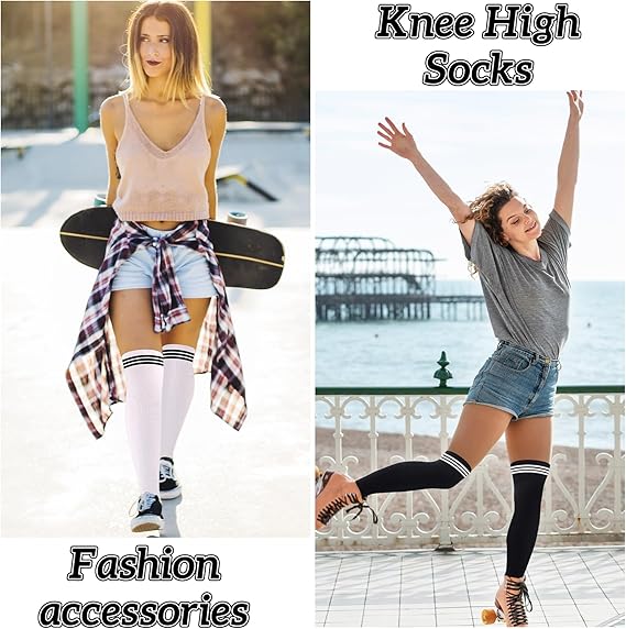 ZYNERY 4 Pairs Stripes Thigh High Socks, Black White Light Grey Dark Grey Knee High Socks, Stretchy Striped Long Socks for Women Girls (Modern, Polyester)