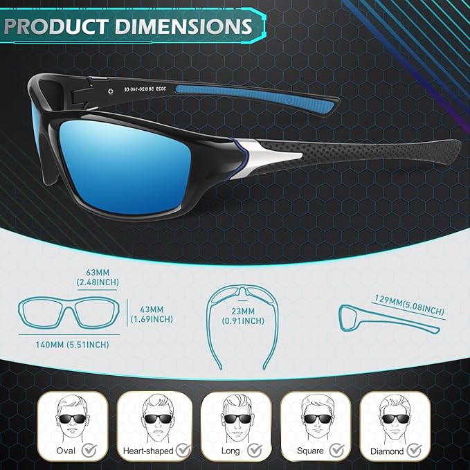 Sunier Polarised Sports Sunglasses for Men Women, Wrap Around Unbreakable Fishing Driving Sun Glasses with 100% UV400 Protection