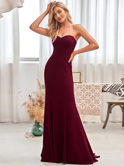 Ever-Pretty Women's Strapless Empire Waist Bodycon Mermaid Floor Length Elegant Bride Dresses for Wedding with Cathedral Train Burgundy 12UK