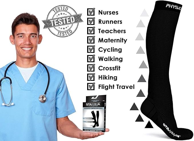 Physix Gear Compression Socks for Men & Women 20-30 mmhg,Best Graduated Athletic Fit for Running Nurses Shin Splints Flight Travel&Maternity Pregnancy - Boost Stamina Circulation & Recovery BLACK LXL