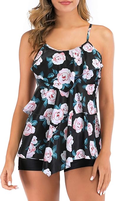 FLYILY Women 2 Piece Tankini Swimsuits Flounce Printed Top with Boyshorts Plus Size Swimwear Bathing Suit (WhiteFlower, M)