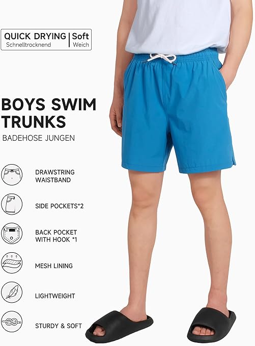 YoungSoul Boys' Swimming Shorts with Compression Liner Quick Dry Kids Swim Trunks 2 in 1 Swimwear Beach Shorts Aqua Blue 9-10 Years Size 150