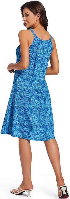 YXCFEWD Summer Dresses for Women Halter Neck Dress Ladies Floral Beach Dress Sun Casual (Dark Ocean, XL)