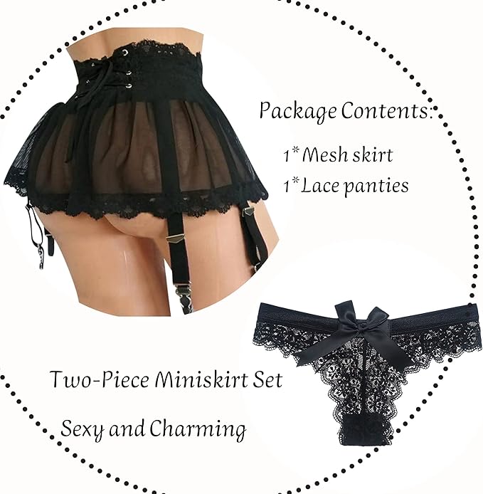 ROSVAJFY Women's Sexy Suspender Mini Skirt with Panties, Sheer Mesh Lace-up Mini Dress Lingerie Underwear Garter Belt with 4 Clips, 2 Pieces High Waisted Mini Skirt + Lace Thong (Black)