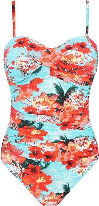 RELLECIGA Women's Tummy Control Swimwear Strapless One Piece Swimsuit for Women, Blue Floral, Medium