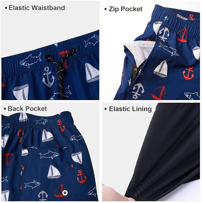 Arcweg Men's Swimming Shorts Swimming Trunks with Compression Lining Mens Swim Shorts with Zipper Pockets 2 in 1 Quick Dry Stretchy Board Shorts Beach Shorts Black Pineapple L(UK)