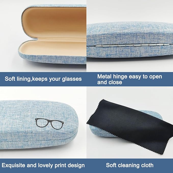 XYQMLY 3 Pack Hard Shell Eyeglasses Case, Unisex Portable Glasses Protection Case Linen Fabrics Glasses Case, Blue/Green/Grey, Medium