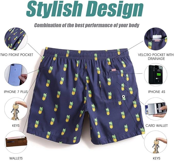 MaaMgic Mens Quick Dry Pineapple Swim Trunks with Mesh Lining Swimwear Bathing Suits, Navy Blue1, XX-Large ( Waist:37 inch-39 inch )
