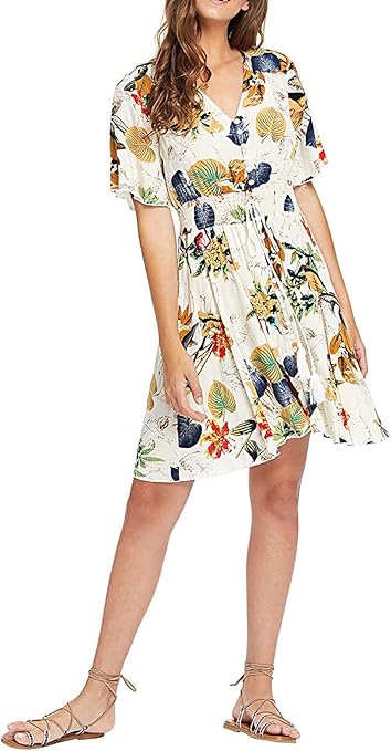 SEMIR Women's Boho Button Up Split Floral Print Flowy Party Dress Beige XL