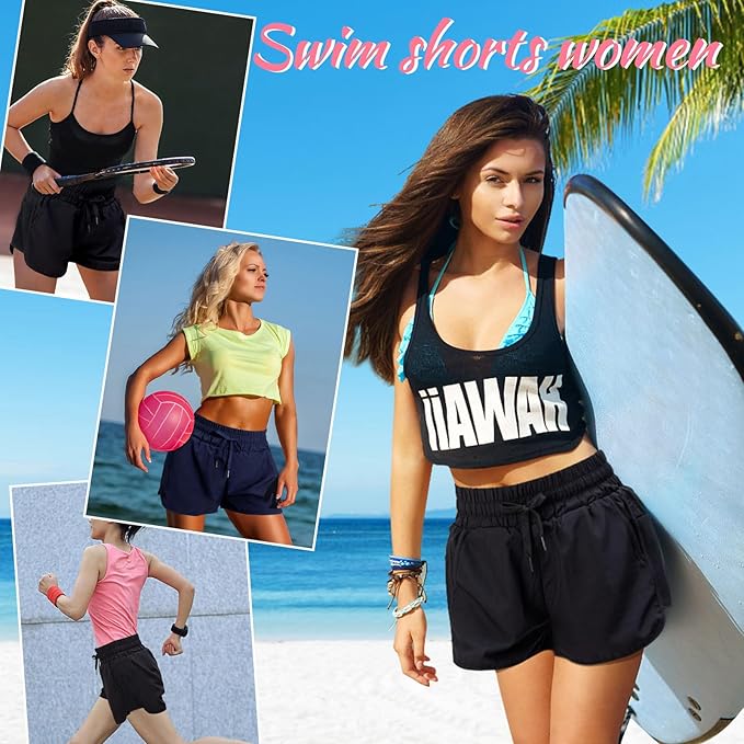 Kefiyis Swim Shorts Women High Waisted Swimming Shorts Quick Dry Ladies Board Shorts with Adjustable Drawstring Surf Shorts with Bottoms and Pockets, Blue, S