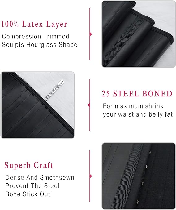 YIANNA Waist Trainer for Women Latex Underbust Waist Corsets Cincher Hourglass Body Shaper 4 Hooks, Black 25 Steed Bones, Medium