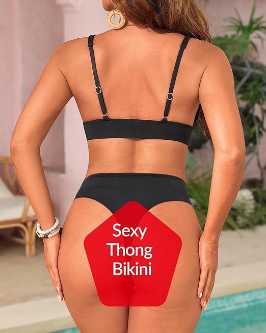 Yonique High Waisted Thong Bikini Set Two Piece Swimsuit High Cut Bikini V Neck Bathing Suit, Black, Large