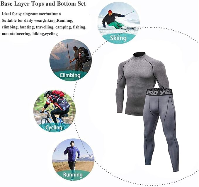 Mens Thermal Underwear Set Stand Collar Tops and Wicking Long Johns Winter Warm Base Layer for Skiing, Grey, M