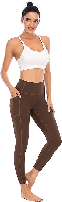 OVRUNS High Waist Gym Leggings for Women Yoga Pants with Pockets Workout Running Compression Leggings for Women - Brown - S