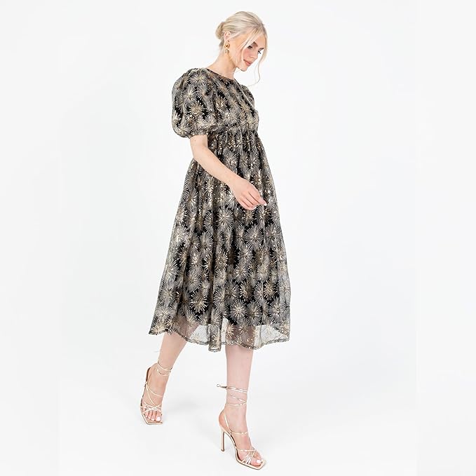 Lovedrobe Women's Midi Dress Ladies Short Puff Sleeve Mesh Star Sequin Embellished Round Neck A-line for Party Cocktail Evening, Gold, 16