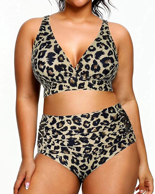 Yonique Womens Plus Size Bikini Swimsuits High Waisted Swimwear Tummy Control Two Piece Bathing Suits Leopard 24W
