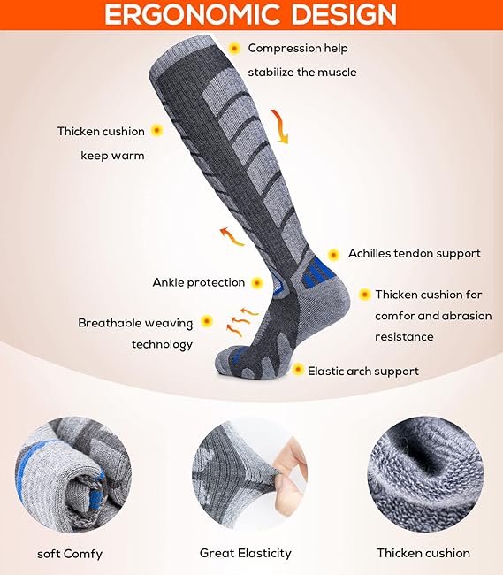 WEIERYA Merino Wool Ski Socks for Skiing, Snowboarding, Outdoor Sports Performance Socks Grey S