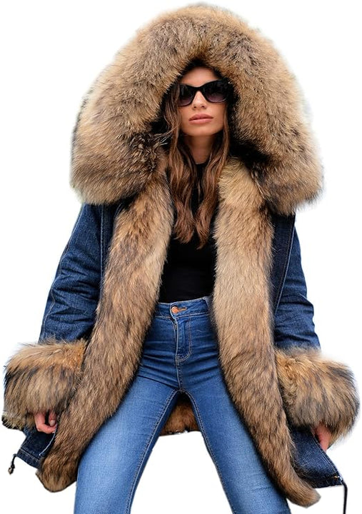 Aox Women Winter Faux Fur Hood Warm Thicken Coat Lady Casual Plus Size Parka Jacket Outdoor Overcoat (20, Denim 2039)