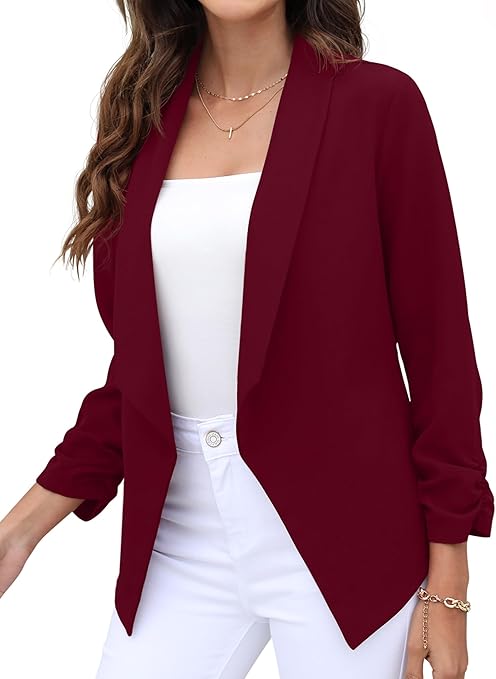 GRECERELLE Womens Blazer Suit Open Front Cardigan 3/4 Ruched Sleeve Casual Work Office Cropped Blazer Jacket for Ladies (Wine Red, US 14= UK16-18)