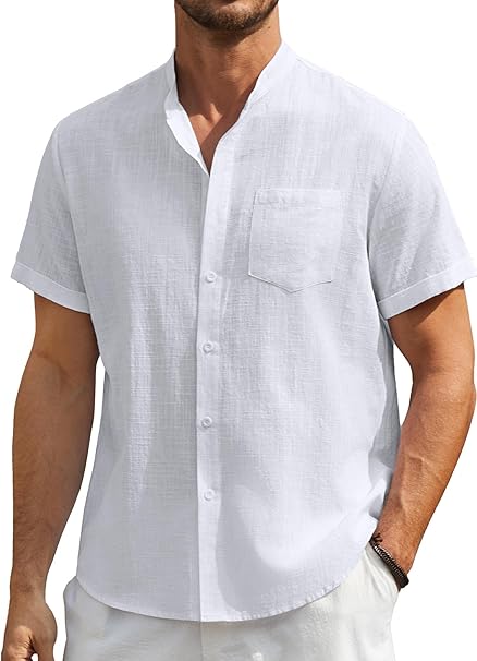 Enlision Mens White Linen Shirts Short Sleeve Grandad Collar Shirt for Men Summer Casual Collarless Henley Top Button Down for Wedding Beach Holiday L