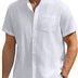 Enlision Mens White Linen Shirts Short Sleeve Grandad Collar Shirt for Men Summer Casual Collarless Henley Top Button Down for Wedding Beach Holiday L