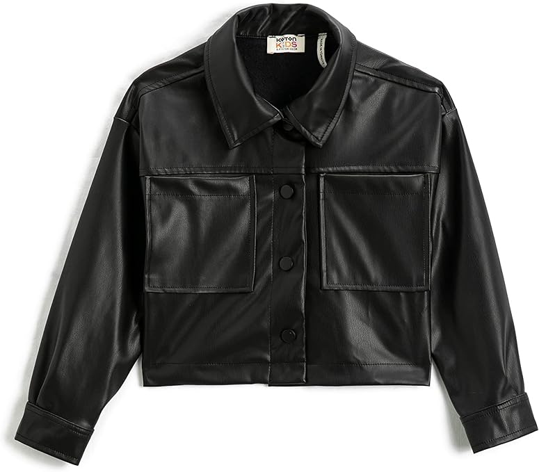 Koton Girls' Crop Faux Leather Jacket Pocket and Button Detail, Black (999), 11-12 Years
