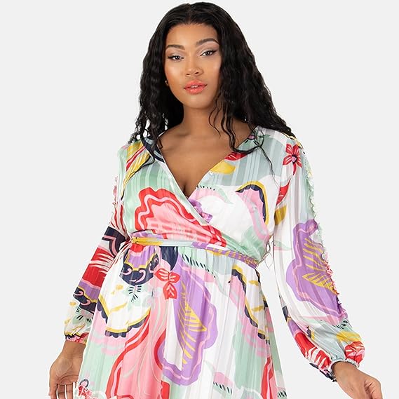 Lovedrobe Women's Plus Size Ladies Long Sleeve Maxi Dress Abstract Print Bishop Back Hole V-Neckline Faux Wrap Tie Belt Size 18