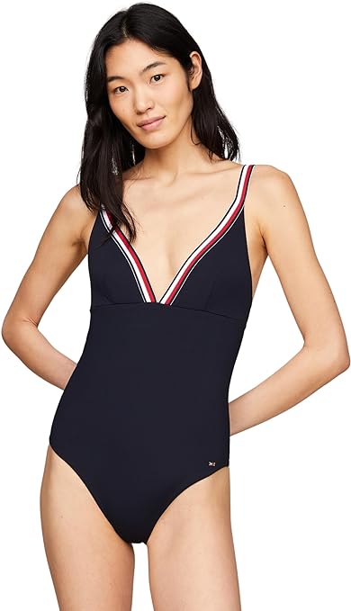 Tommy Hilfiger Women Bathing Suit Triangle One Piece Cut-out, Blue (Desert Sky), M