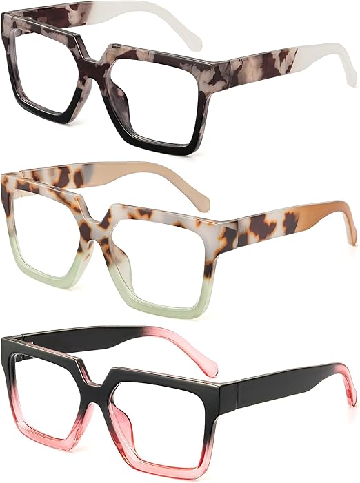 JM 3 Pack Oversize Reading Glasses for Women, Fashion Square Blue Light Blocking Readers +2.25