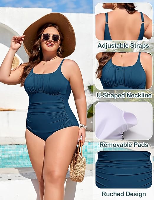 Tuopuda Women's One Piece Swimsuit Plus Size Swimming Costume Tummy Control Ruched Modest Swimwear Ladies Padded Bathing Suit Push Up Swimsuits Blue, 3XL