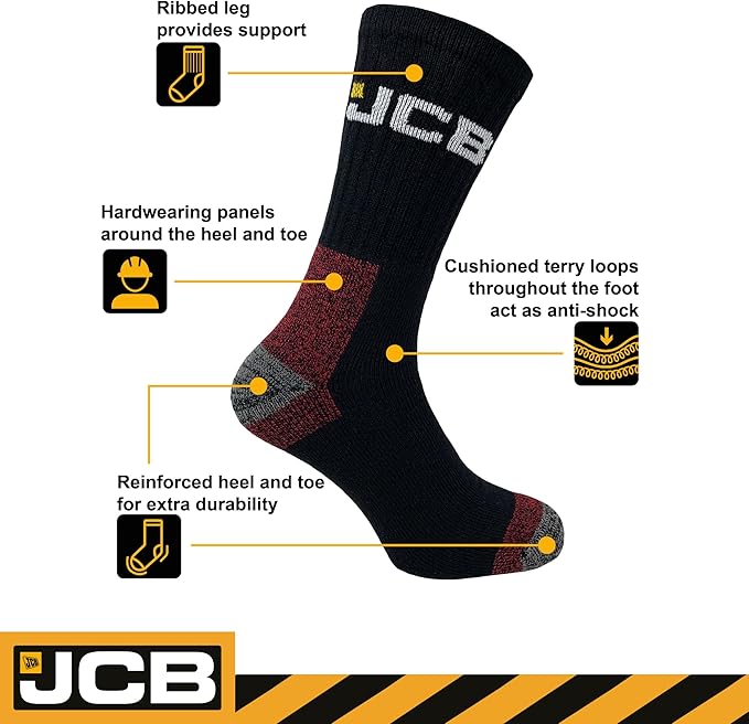 JCB Work Socks - Work Wear Boot Socks - UK 6-11 EURO 39-46 – Men's Work Socks, Cushioned Terry Loops, Ribbed Leg Support
