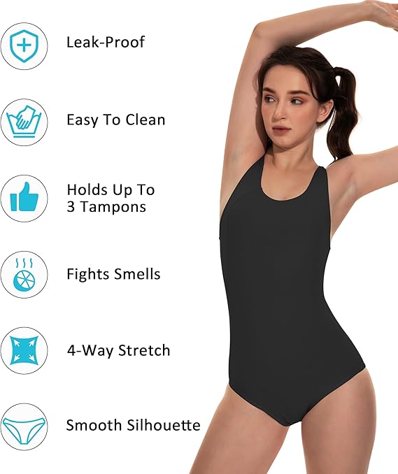 Beautikini Period Swimwear One Piece Leakproof Menstrual Swimsuit Racerback Training Bathing Suit for Teens Girls and Women Black, S