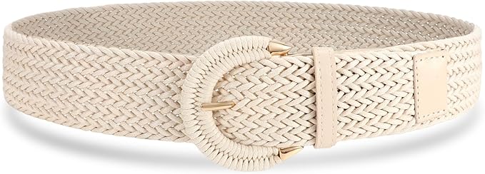 JASGOOD Women Braided Rattan Wide Belt Woven Waist Belt With Half-Circle Buckle for Summer Dress Jeans Pants Beige S:Fit Waist Size 120cm