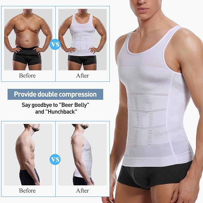 SLIMBELLE Men's Body Shaper Vest Slimming Vest Elastic Shapewear Compression Shirt for Men Slim Tummy Control Waist Trainer Shaper Tank Top, BlackWhite, L